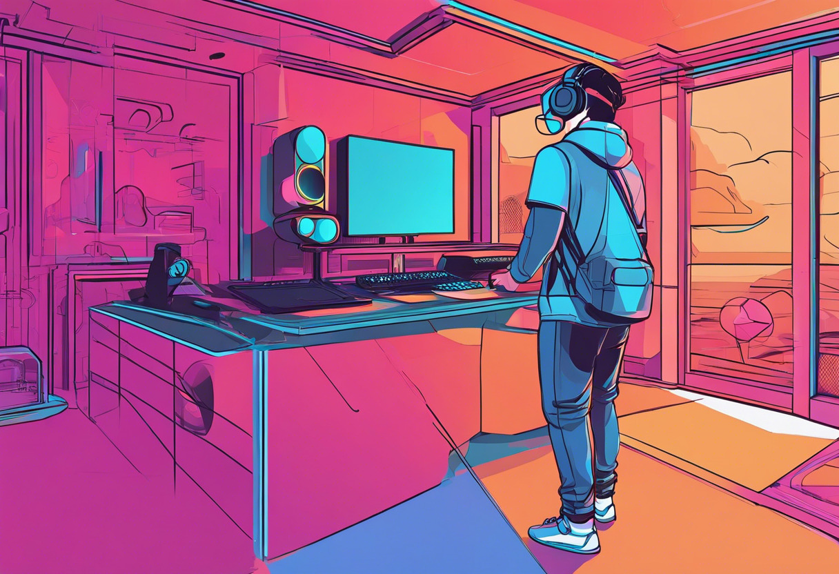 Colorful scene of a gamer using Valve Index in an immersive virtual space