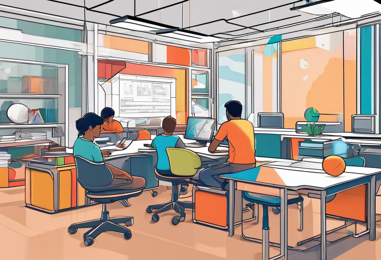 Colorful scene of a student exploring 3D design on Tinkercad in a modern classroom