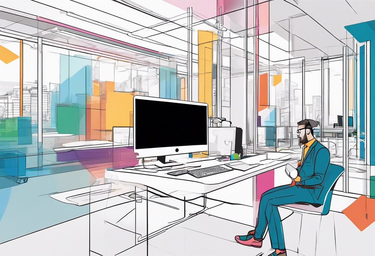 Colorful scene of a technology professional working on a Bundlar project in a modern office, reflecting the innovation and simplicity of the platform