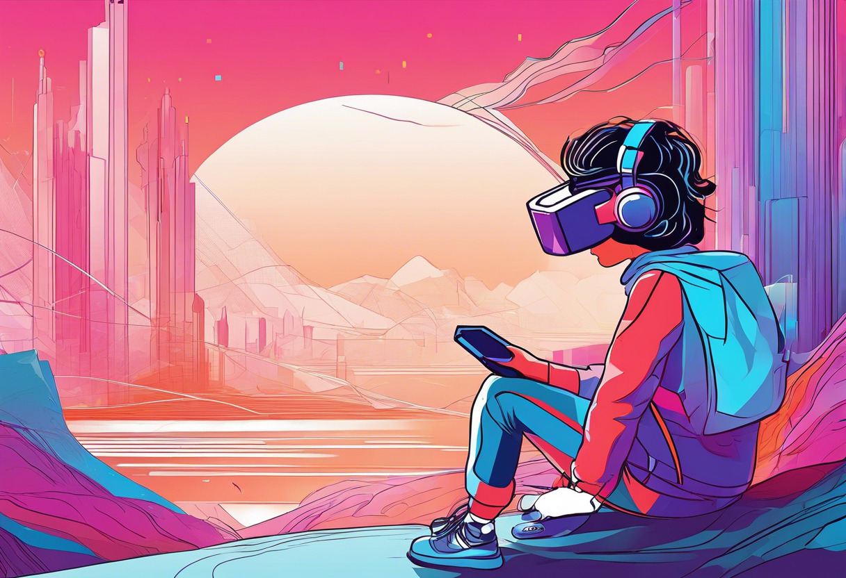 Colorful scene of a young gamer exploring a virtual reality landscape