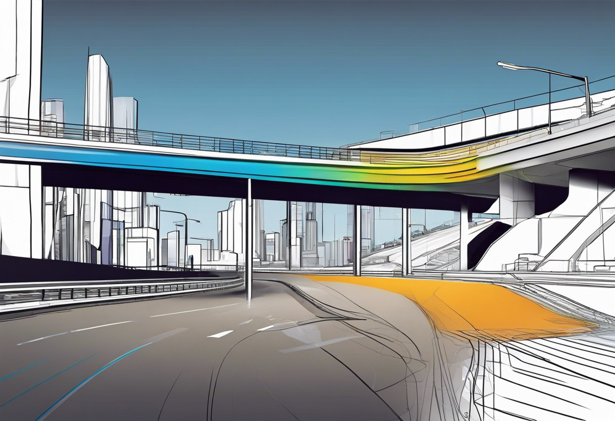 Colorful scene of an engineer using Civil 3D to design a highway overpass