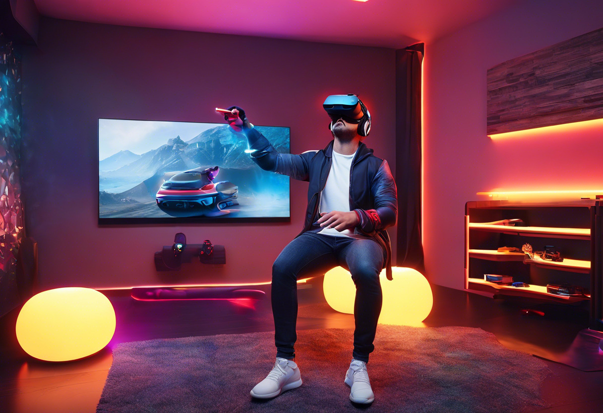 Colorful scene of an enthusiast gamer wearing HTC Vive Pro in a cutting-edge VR lounge