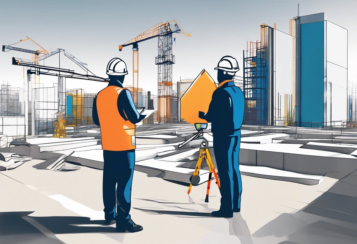 Colorful scene of construction engineers surveying a 3D model of a job site on Cupix