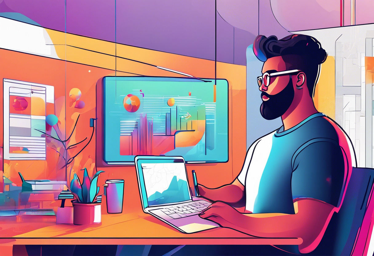 Colorful scene showcasing a global user at a tech company, creating an AR experience via MyWebAR