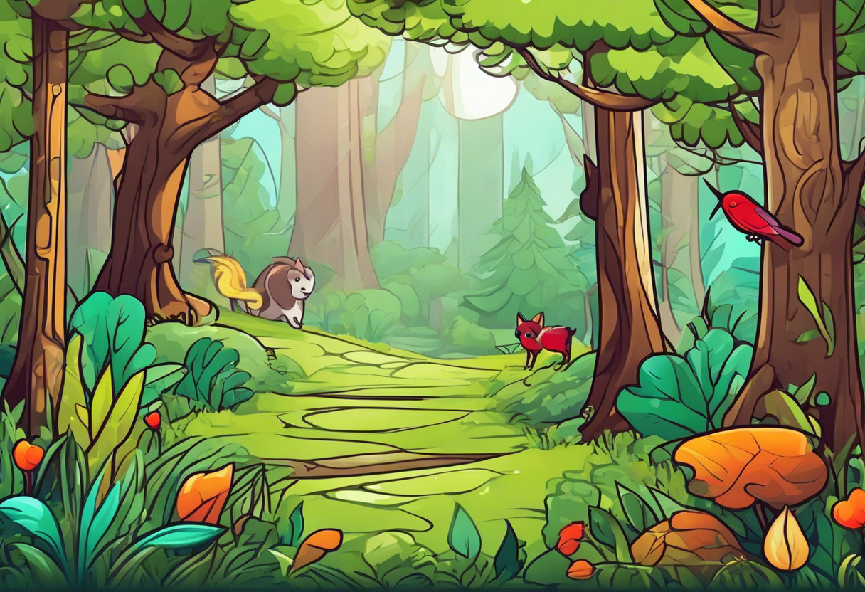 Colorful screenshot of a visually enchanting 2D game developed using SpriteKit, featuring whimsical woodland creatures and lush greenery