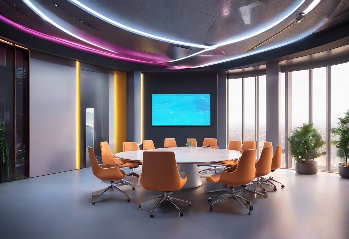 Colorful simulated product presentation taking place in a high-tech meeting room, courtesy of JigSpace