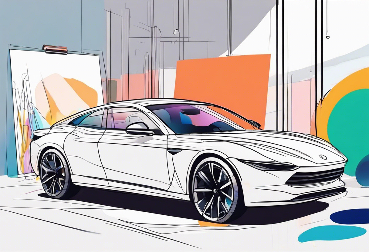 Colorful sketch of a car being decorated by a designer in an open studio