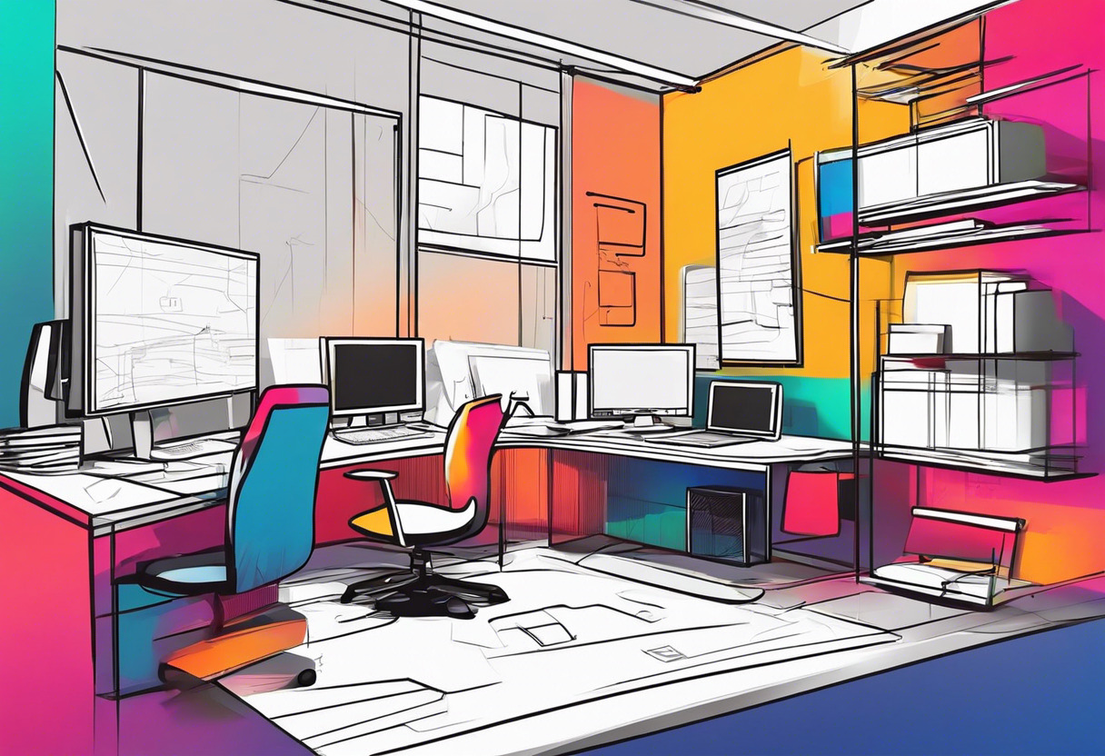 Colorful sketch of a game developer brainstorming ideas in a modern workstation