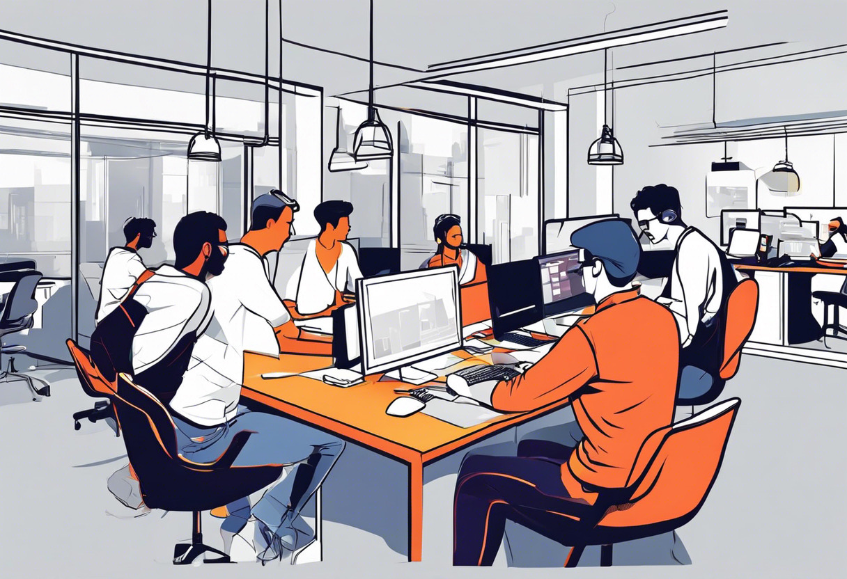 Colorful sketch of game developers collaborating in a tech start-up office