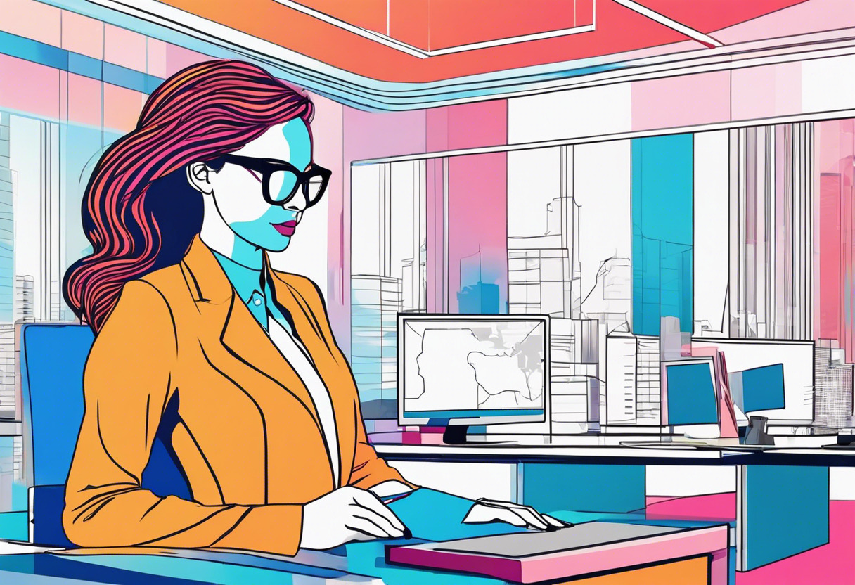 Colorful snapshot of a businesswoman in office space utilizing WorldCAST for augmented reality experiences