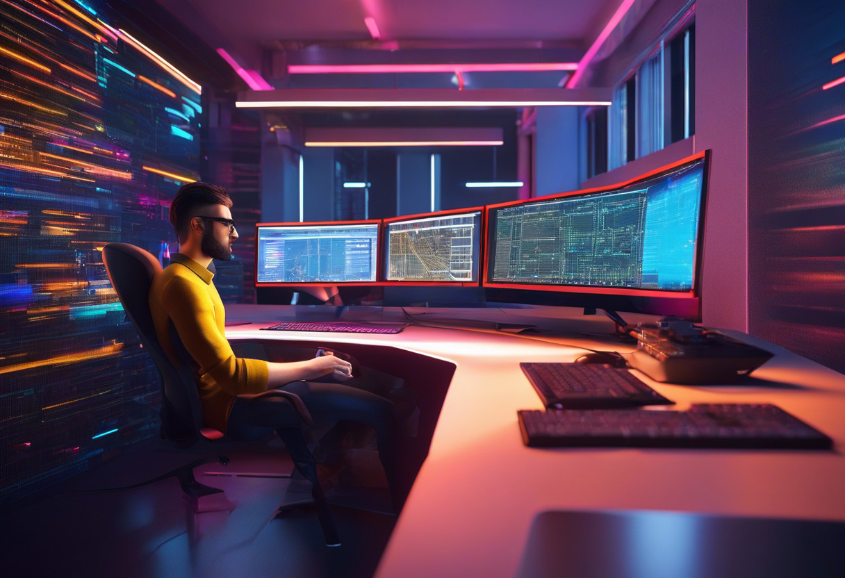 Colorful snapshot of a MonoGame developer involved in passionate coding in a high-tech workspace