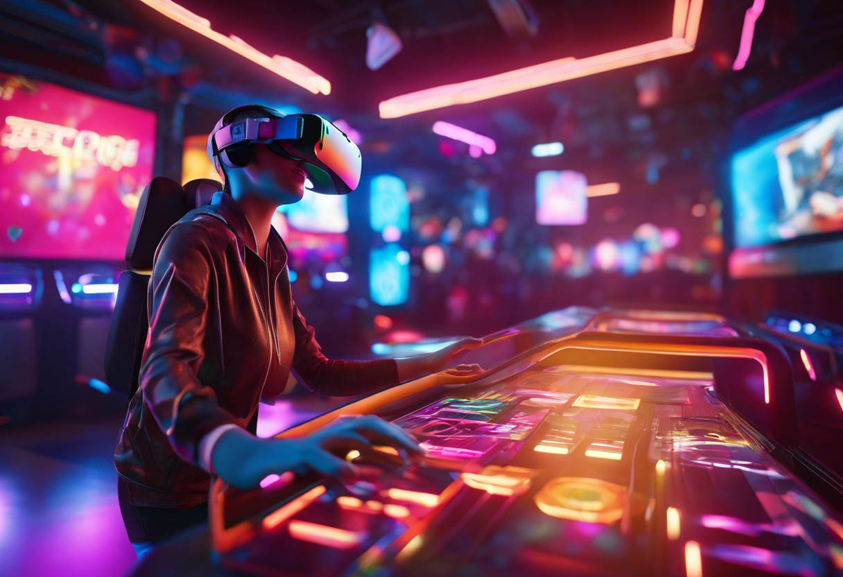Colorful snapshot of a virtual reality gamer in arcade