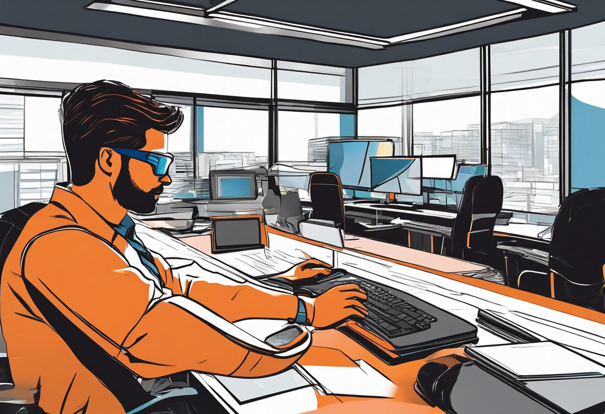 Colorful snapshot of a worker sporting Vuzix's Blade AR glasses at a bustling office