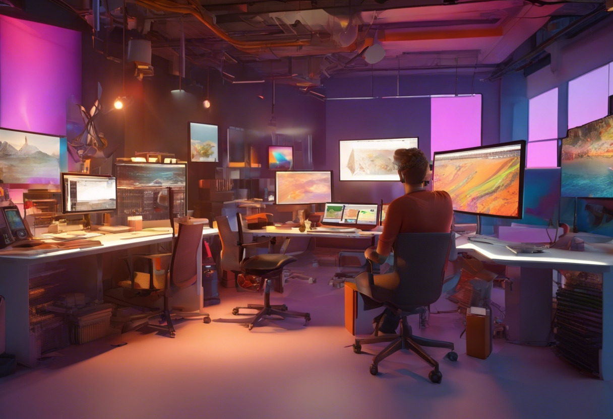 Colorful snapshot of an animator working at a bustling 3D animation studio