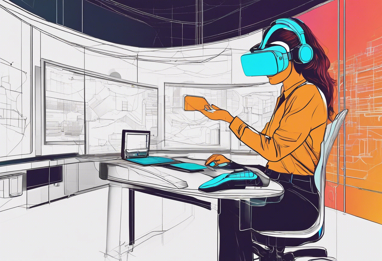 Colorful snapshot of an engineer using the Leap Motion Controller in a VR simulation lab