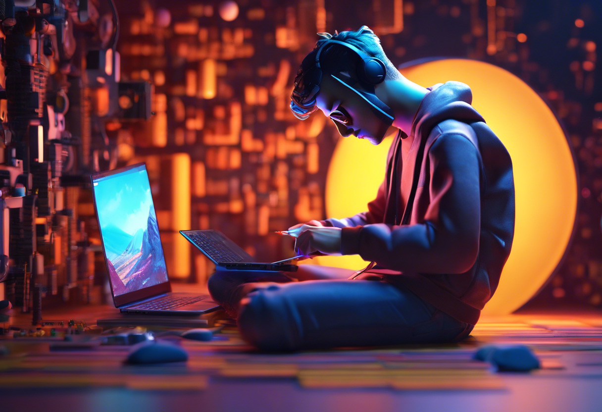 Colorful snapshot of an indie developer designing a game on his laptop in a creative studio