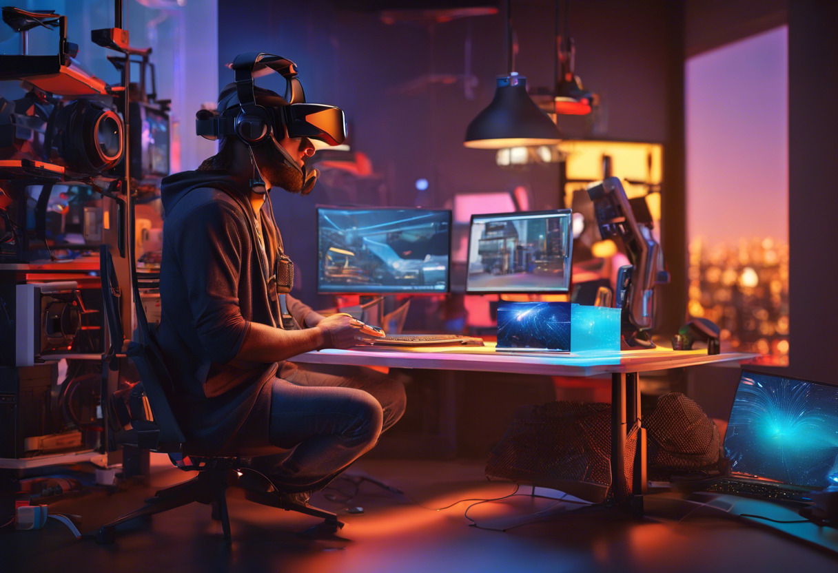 Colorful snapshot of developers at a workstation, working with various VR/AR hardware