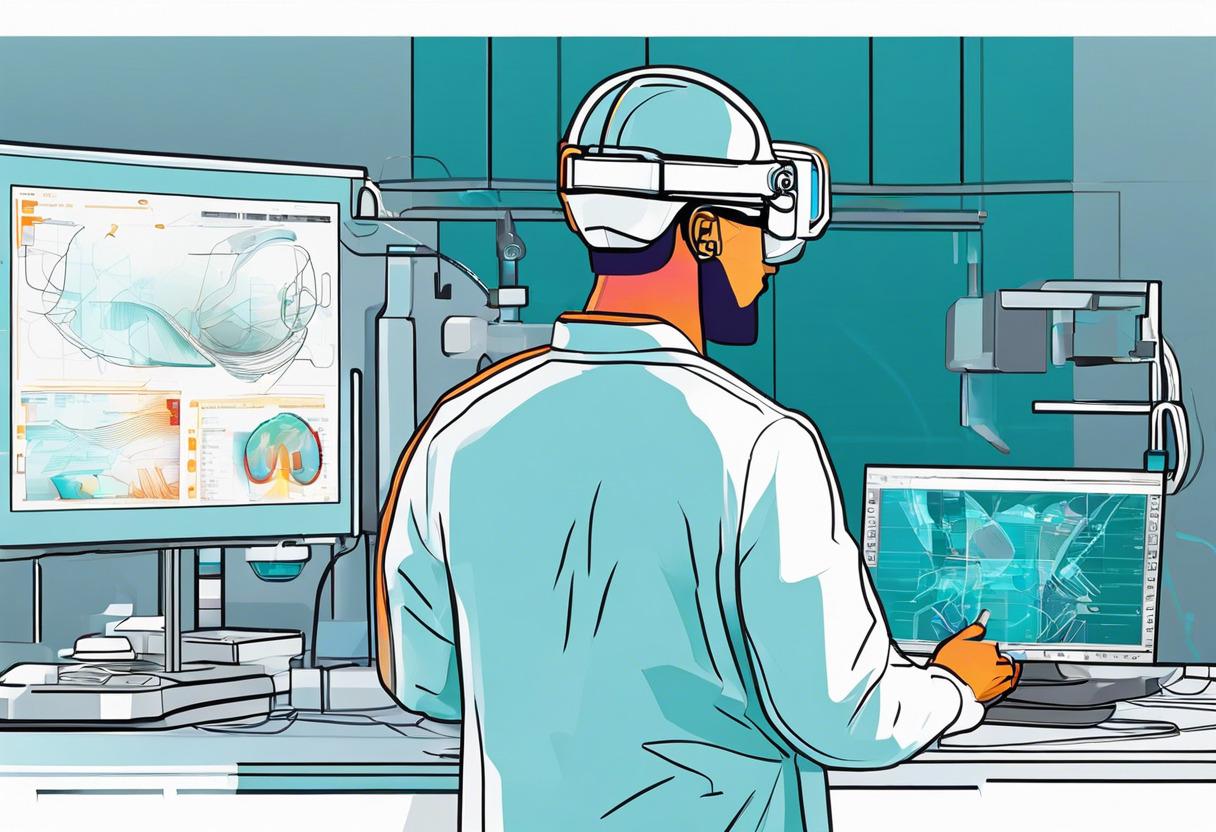 Colorful surgeon visualizing a procedure with Microsoft HoloLens in a modern operating room