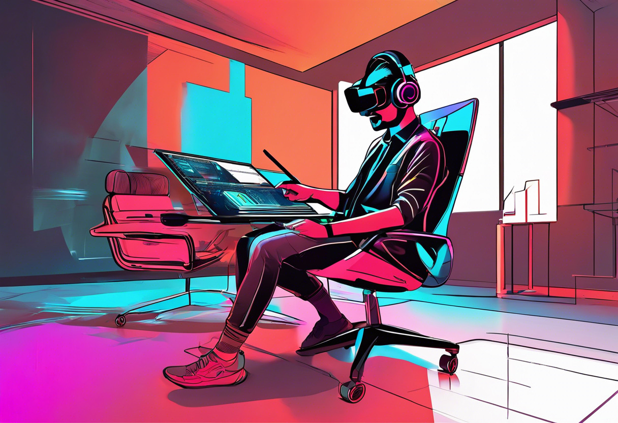 Colorful technophile indulging in a VR gaming session on a vibrant gaming chair using the HP Reverb G2