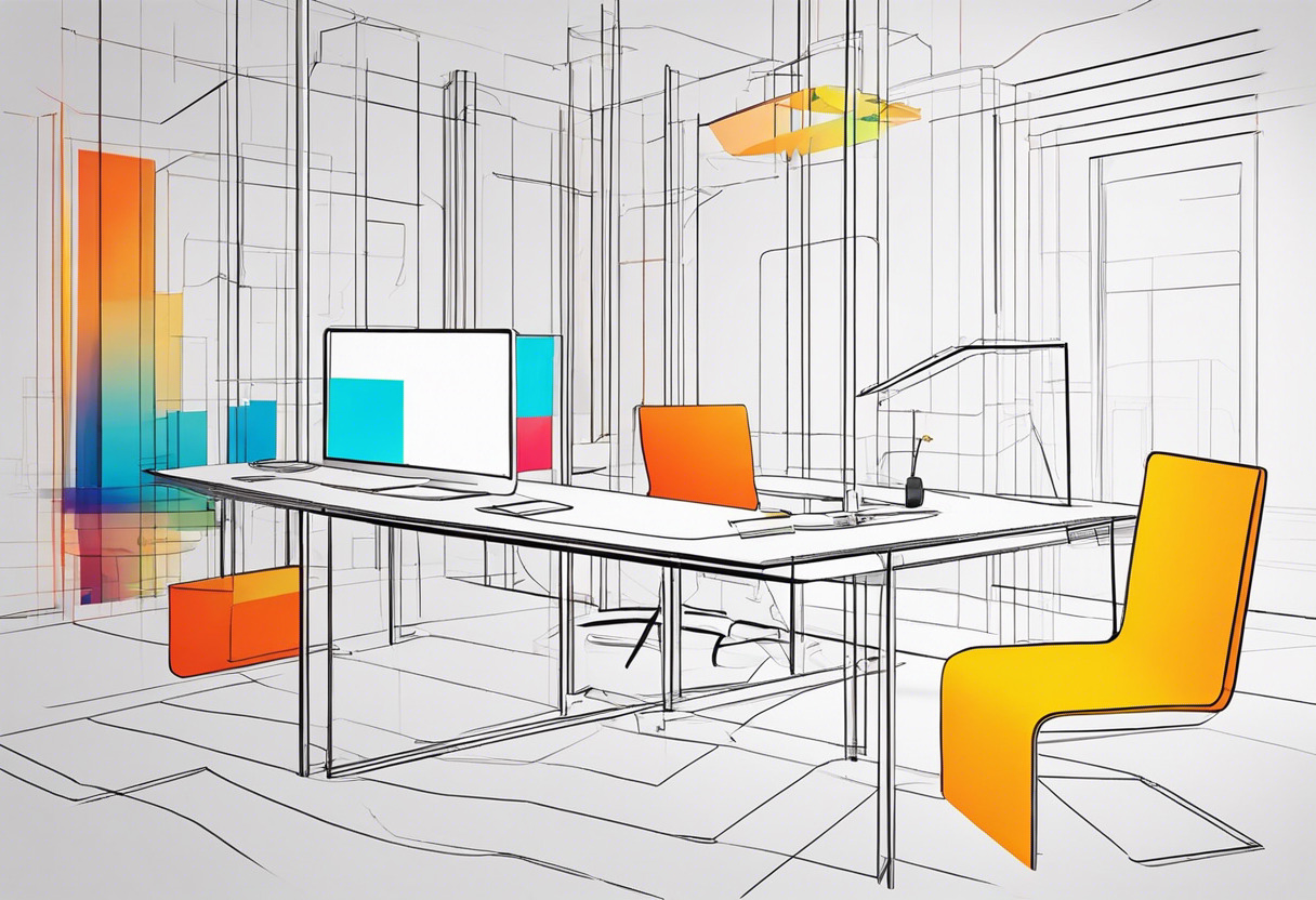 Colorful three-dimensional renderings being crafted by a professional designer in a high-tech studio