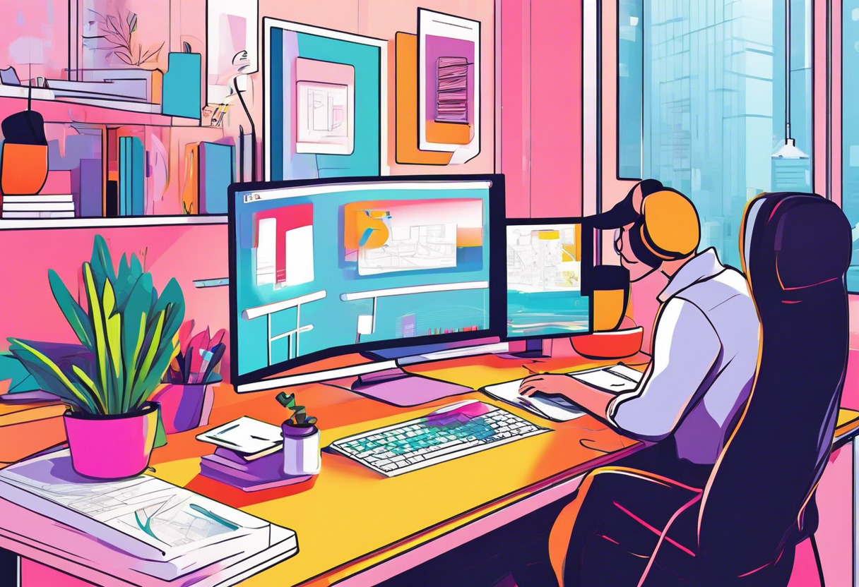 Colorful unity developer working on game design inside a vibrant office