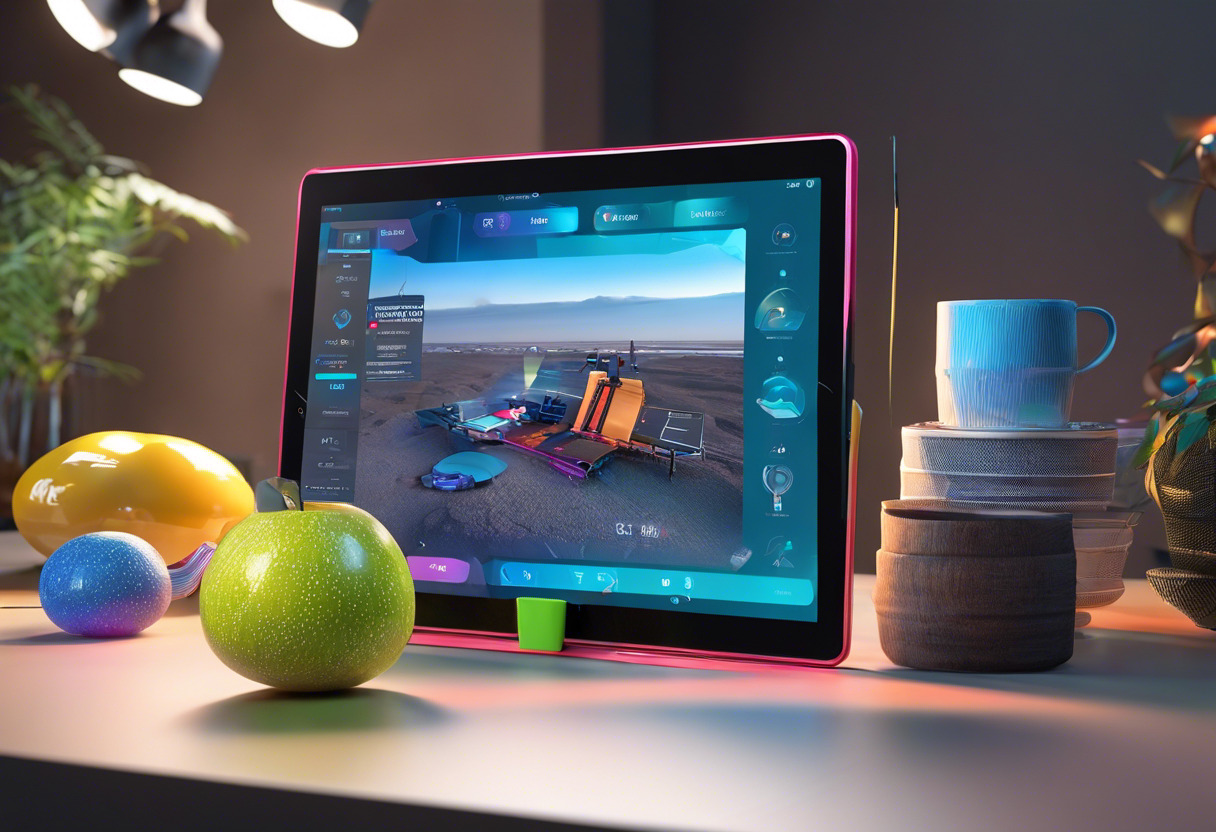 Colorful virtual objects being manipulated on an iPad, illustrating Adobe Aero's AR capabilities