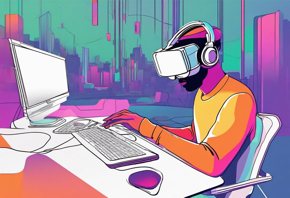 Colorful virtual reality enthusiast immersed in a gaming environment