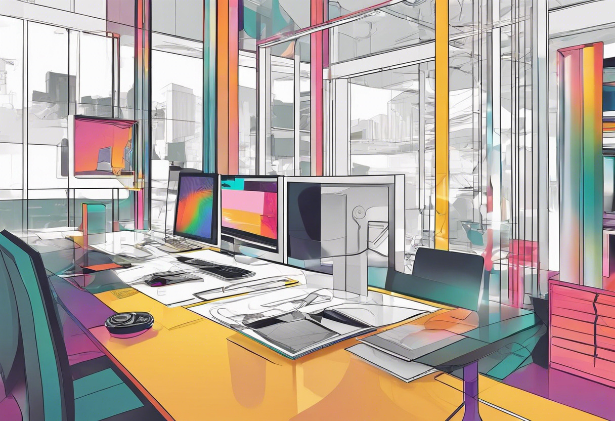 Colorful visual effects artist working on a scene using Houdini software in his modern office
