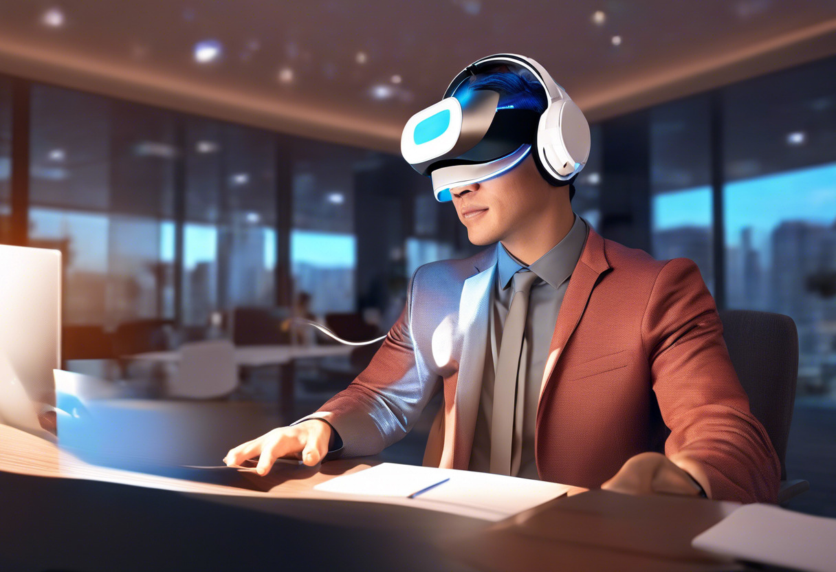 Colorful visual of a business professional using the Pico 4 VR headset in a modern office setting