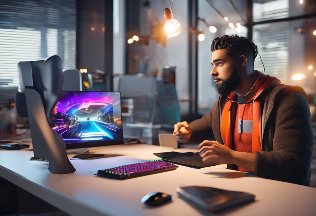 Colorful visual of a developer working on a gaming scene using the Unreal Engine in a modern, well-lit workspace