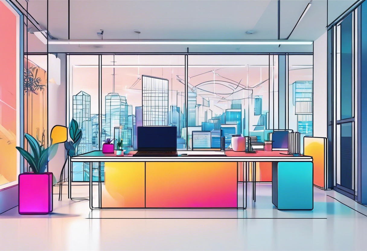 Colorful visual representation of AR content created using Aircada, glowing in a modern office