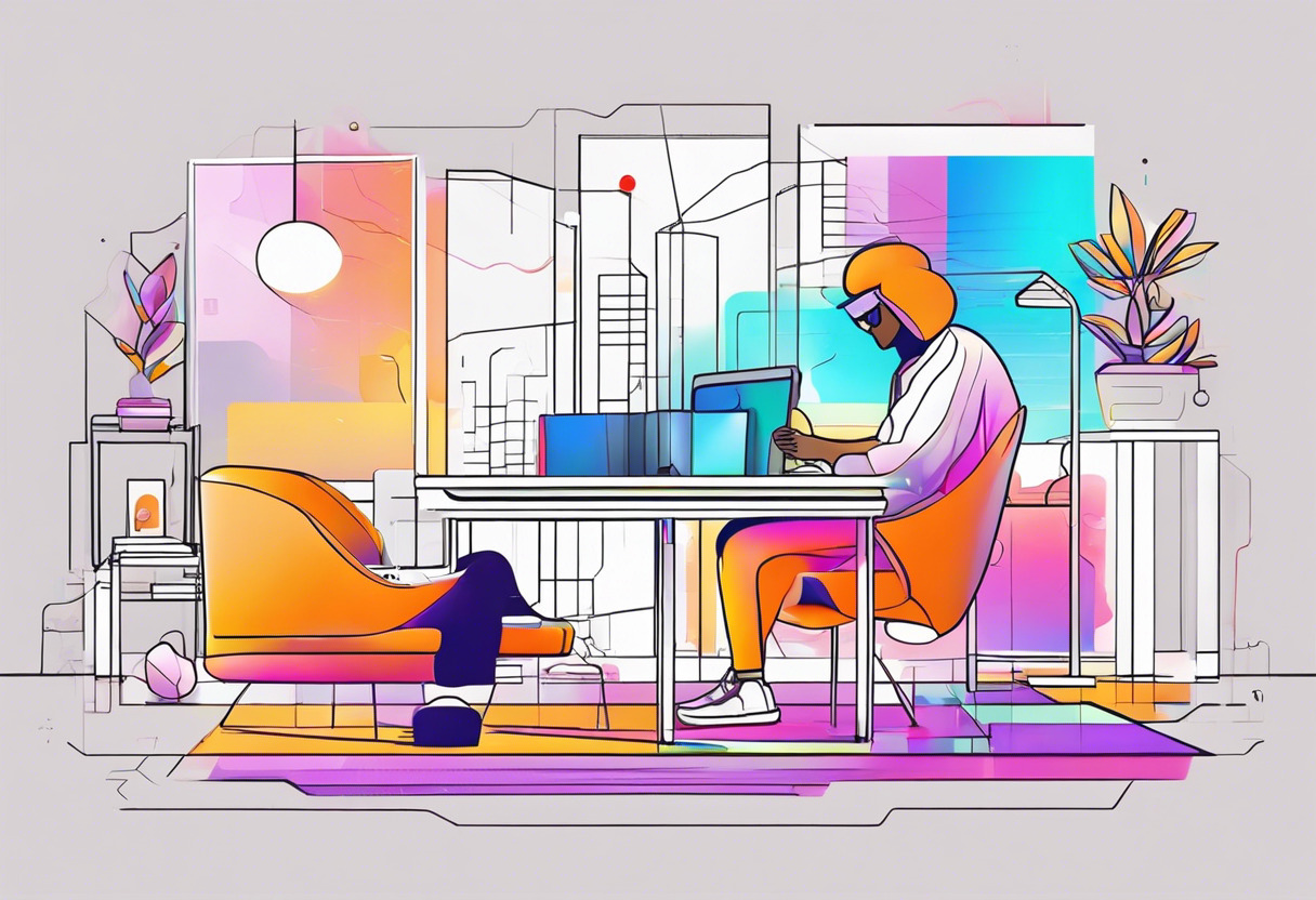 Colorful visualization of a developer working on a 3D VR experience using A-Frame