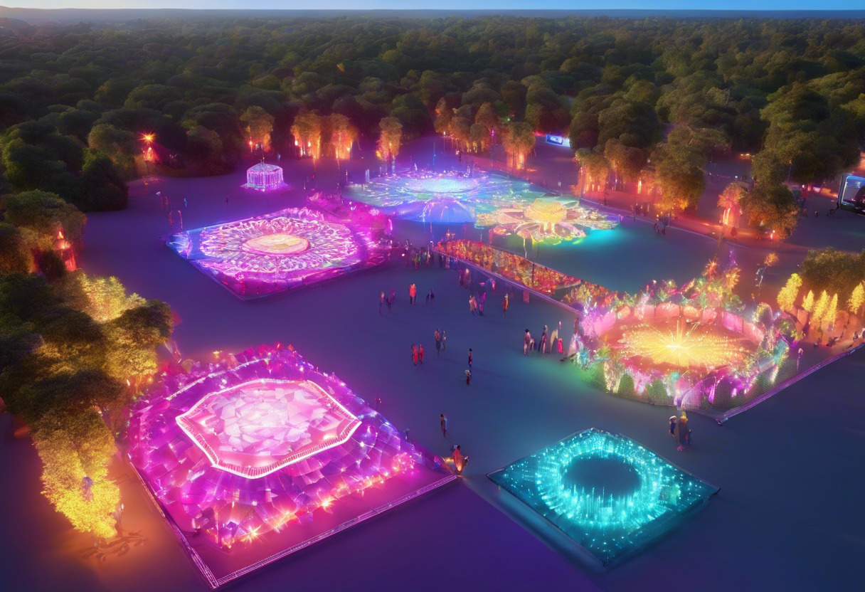 Colorful visualization of a festival ground animated by MadMapper's projection mapping, showcasing a blend of various vibrant illuminations.