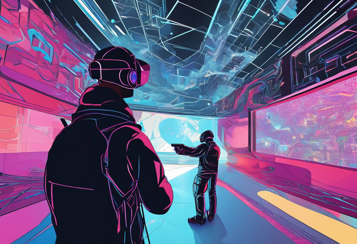 Colorful visualization of a gamer using the HTC Vive in a futuristic arcade