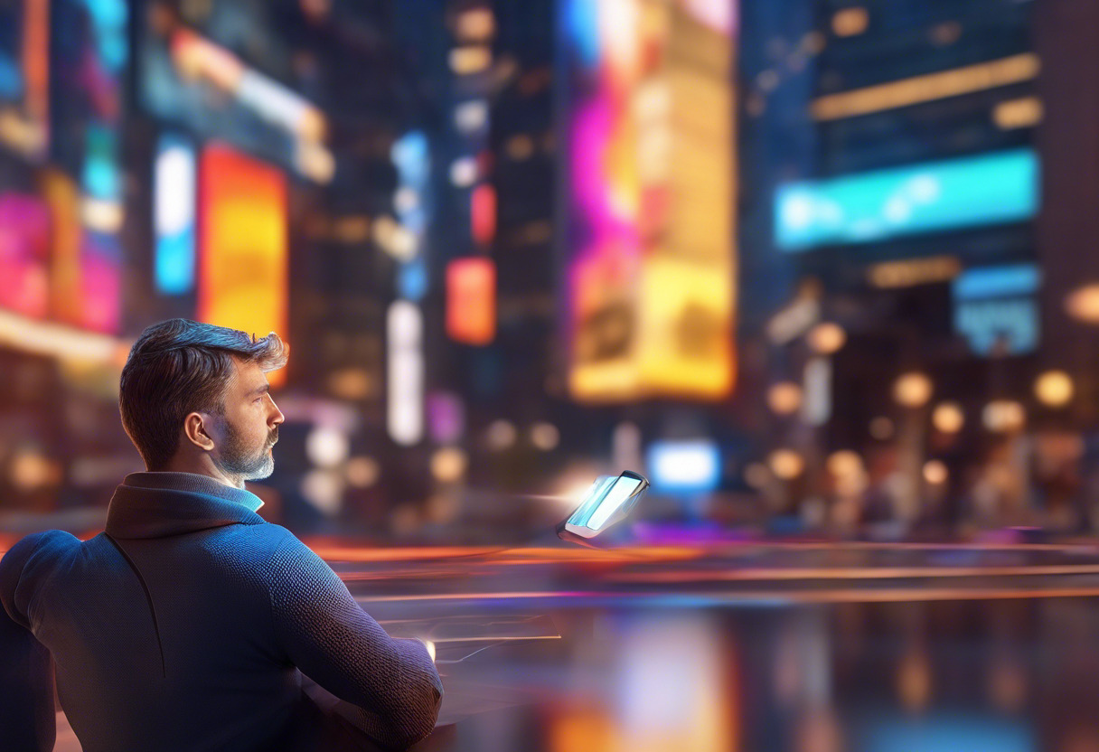 Colorful visualization of a man experiencing the Wikitude app's AR feature in a cityscape