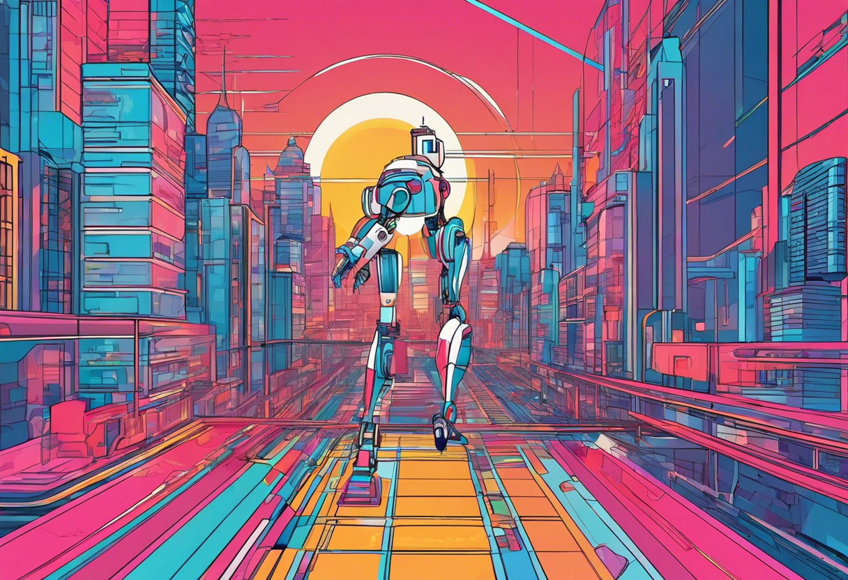 Colorful visualization of an animated scene rendered in Blender, showcasing a robot in a futuristic cityscape