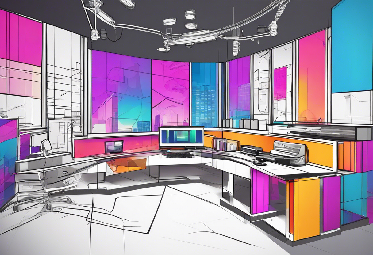 Colorful visualization of game development process using Unreal Engine in a modern studio.