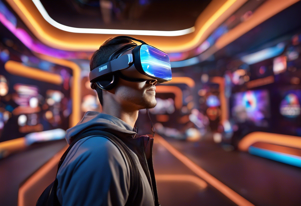 Colorful visualization of Samsung Gear VR with a technology enthusiast in a gaming arena.