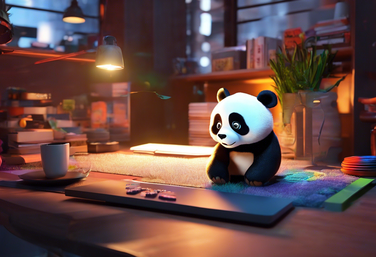 Colorful visualization of the Panda3D game engine at work in a digital space