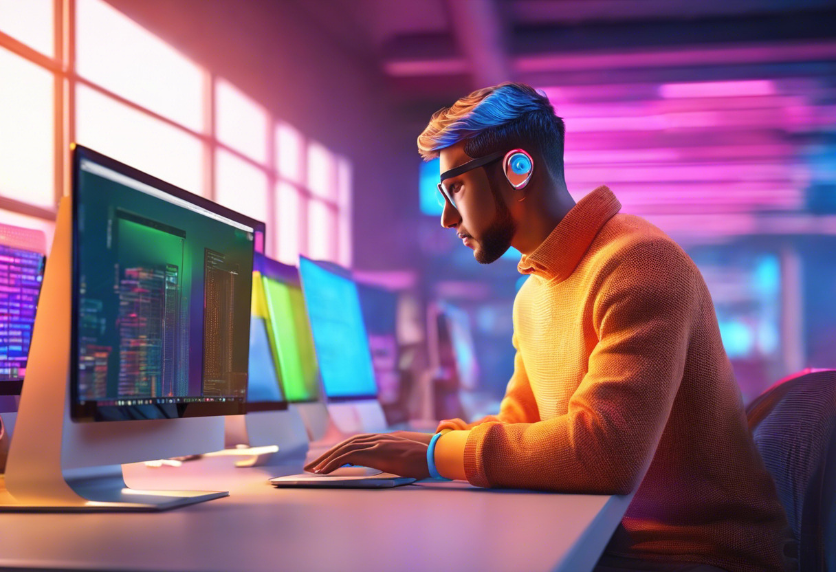 Colorful web developer typing on his laptop in a modern software house