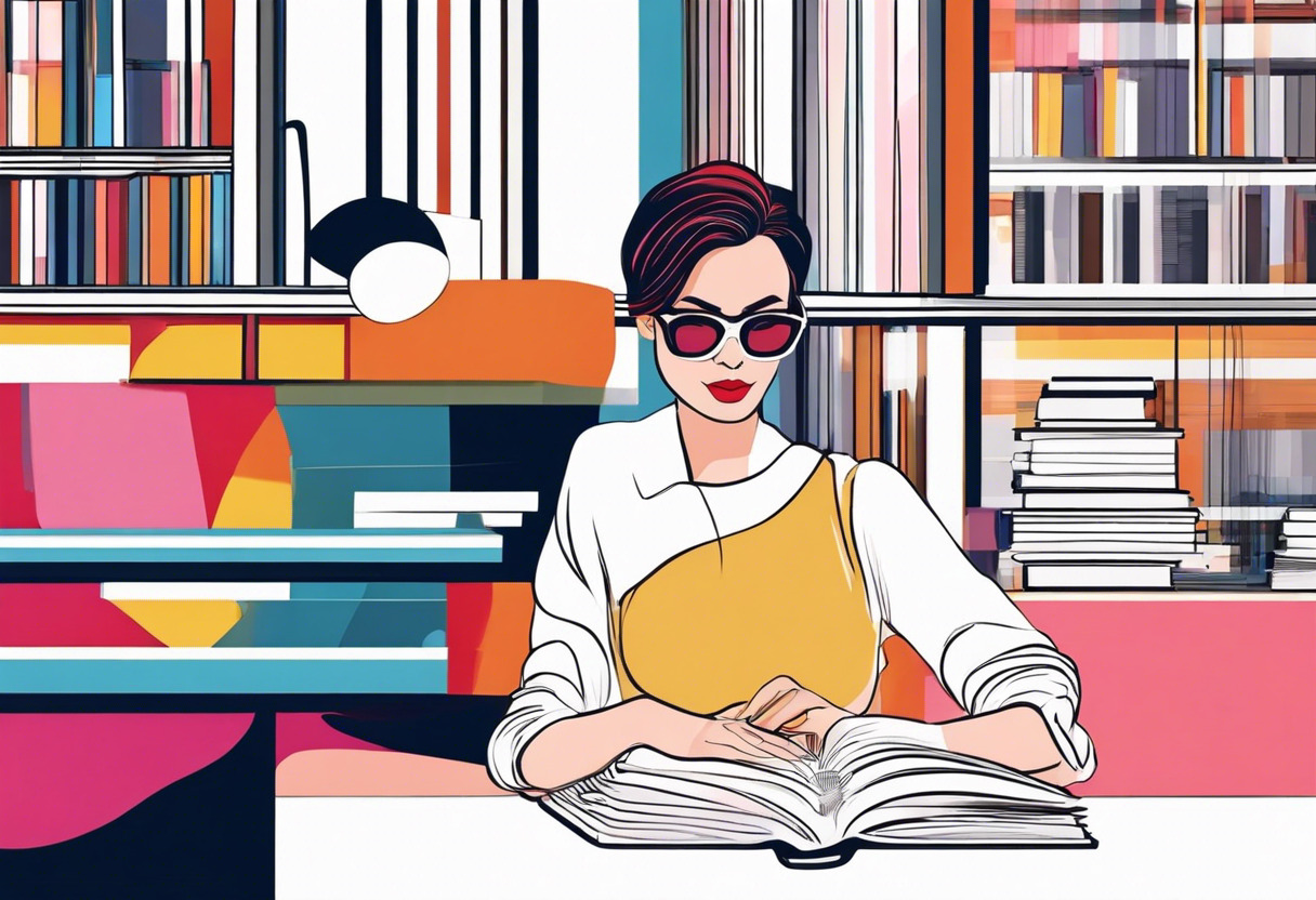 Colorful woman reading a book wearing glasses in a library