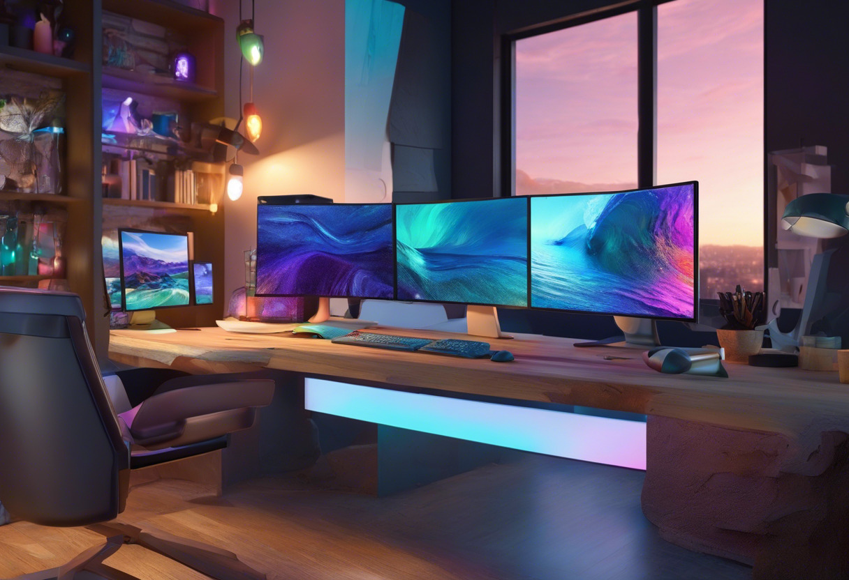 Colorful workspace of a 3D artist working on Blender on dual monitors