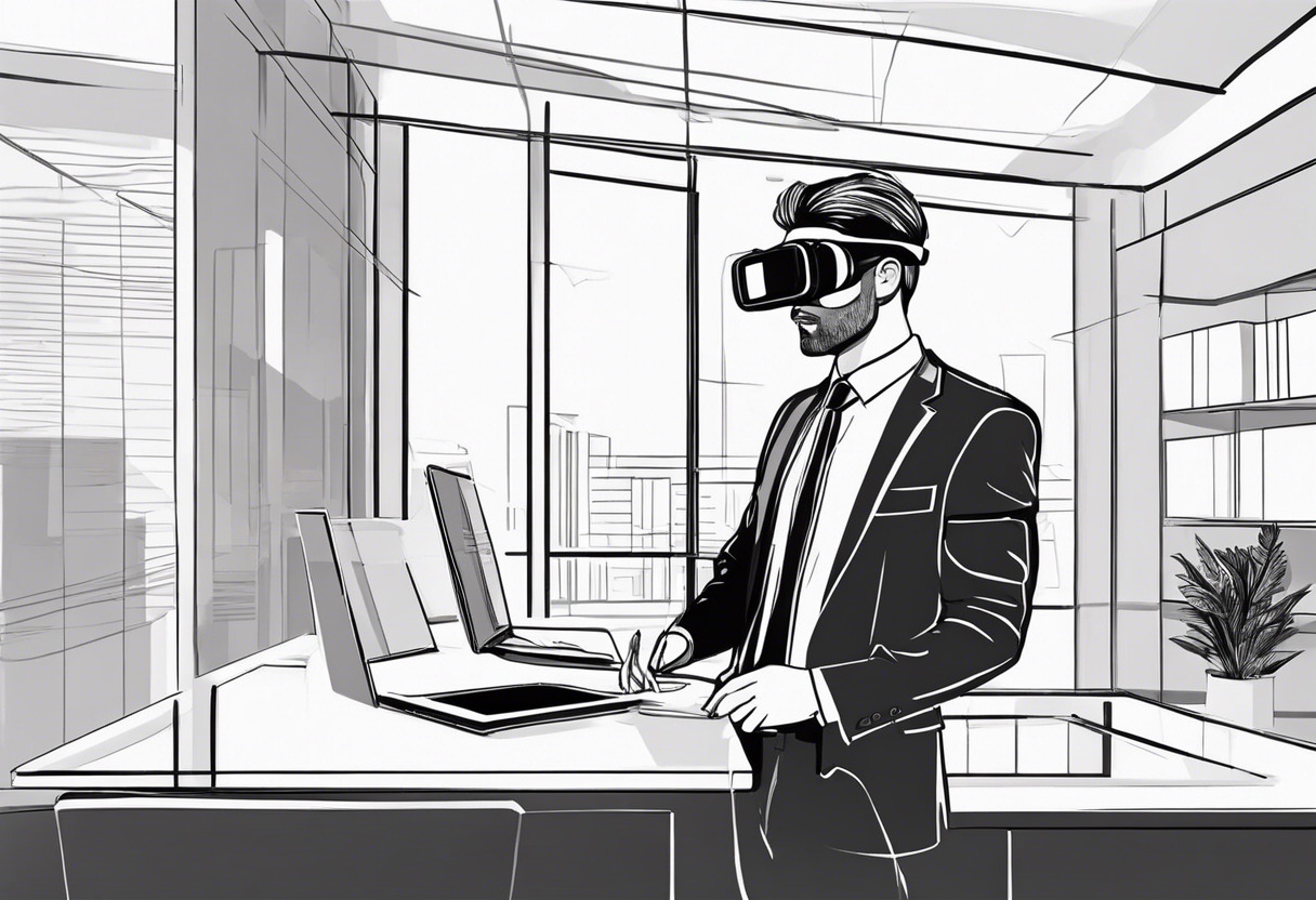 Corporate professional in a formal suit, using an AR/VR device in a modern office space