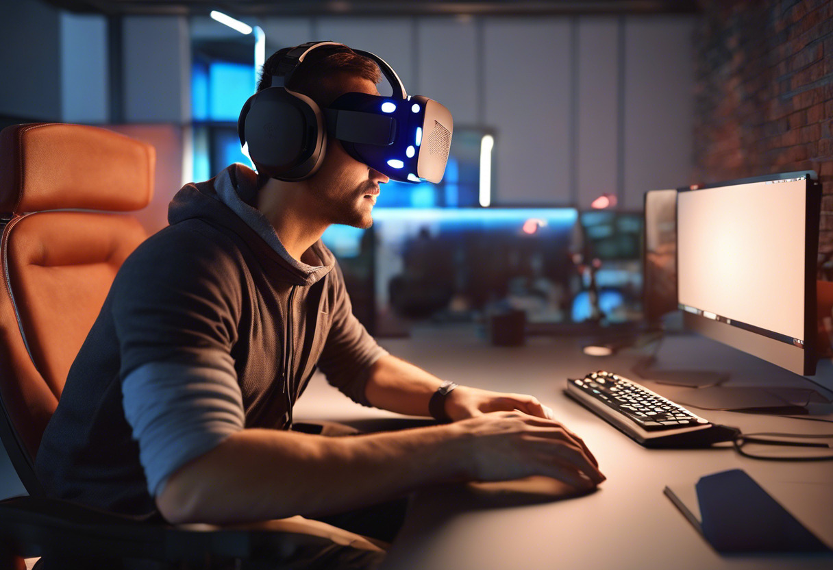 Developer at a computer using a VR headset