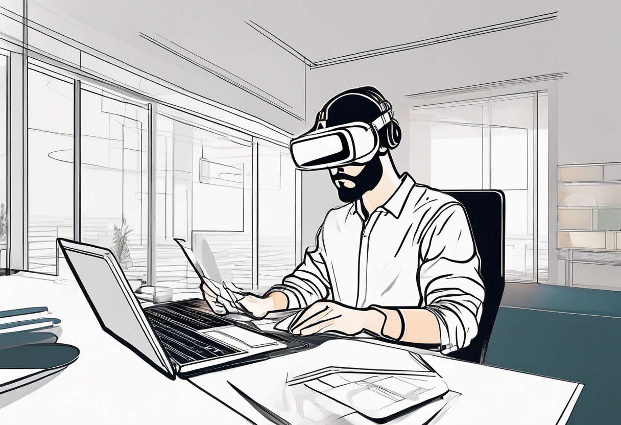 Developer deeply absorbed in fine-tuning augmented reality app on a VR headset