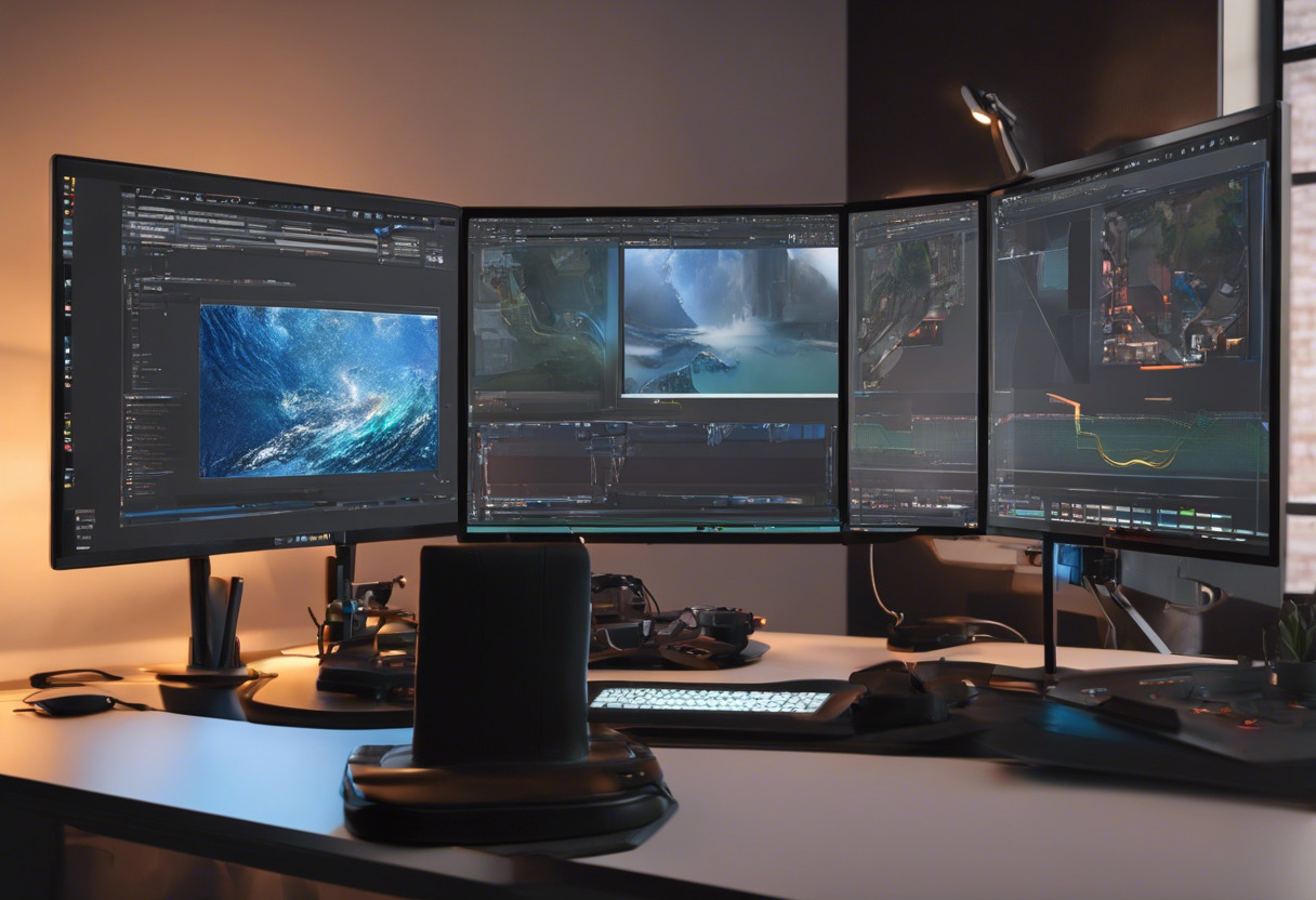 developer engaged in using Onirix, working on a dual-screen setup, with 3D models displayed on the screen