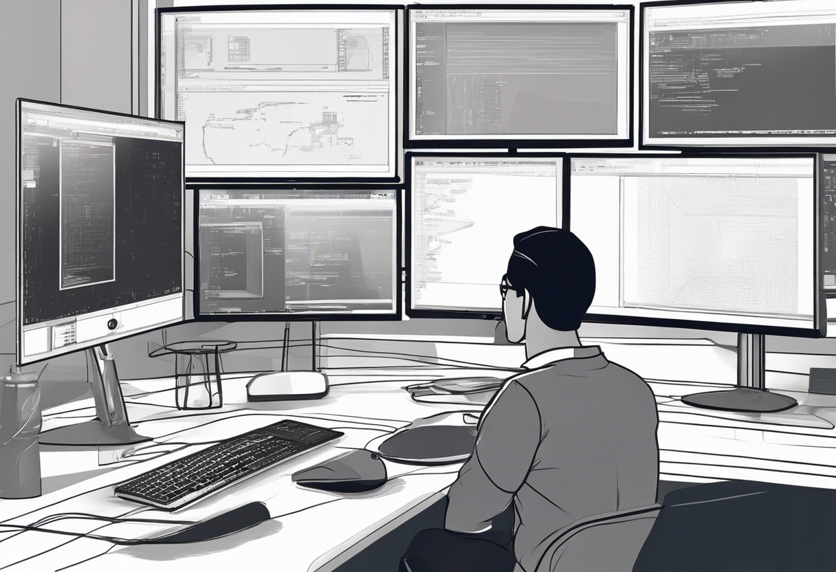 Developer intently programming on multiple monitors