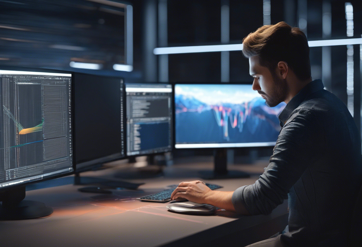 Developer scrutinizing lines of code on a dual-monitor workstation