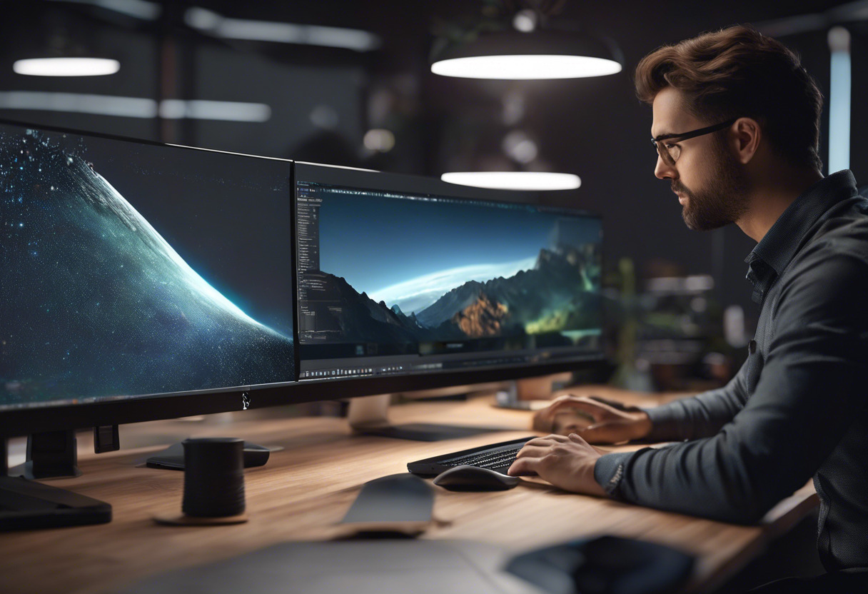 Developer sitting at a desk with two monitors, using Flutter to develop a cross-platform app.