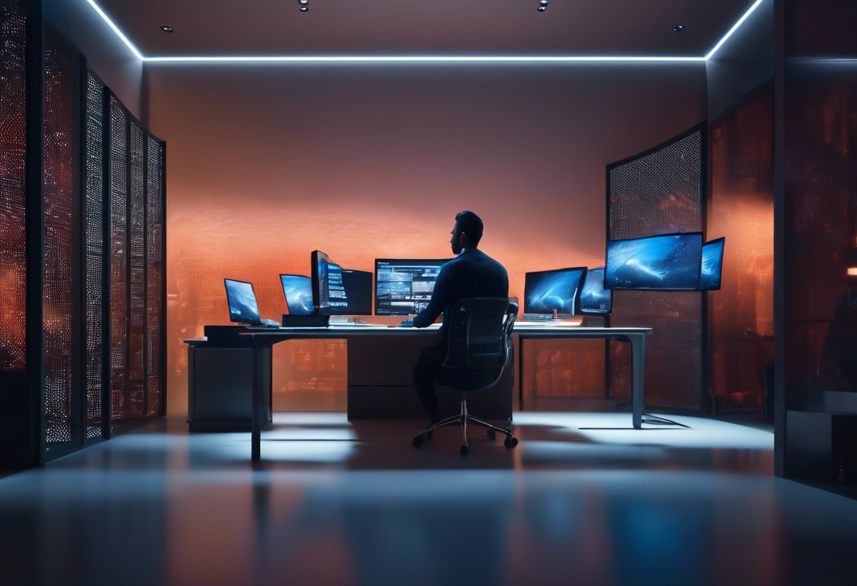 Developer working in a dimly lit room, scripts and prototypes on multiple screens, fully immersed in the development process